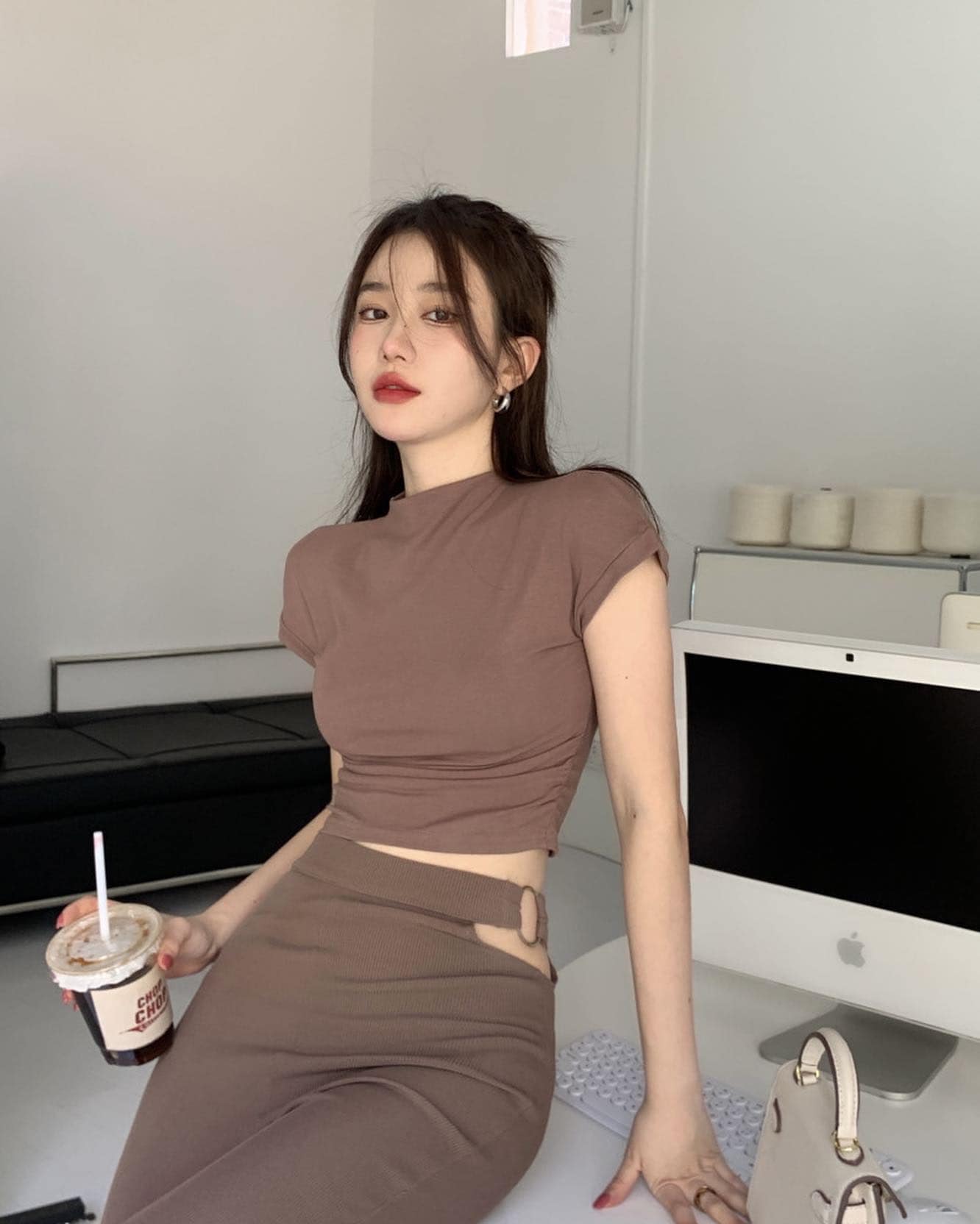 Round Neck Top & Trumpet Slit High Waist Long Pants Set