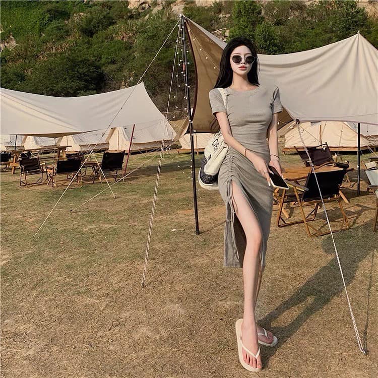 Short Sleeve Long Slit Dress