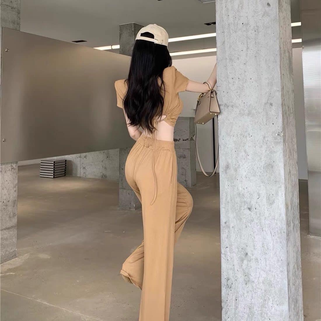 Padded Crop Top & High Waist Long Pants Set
