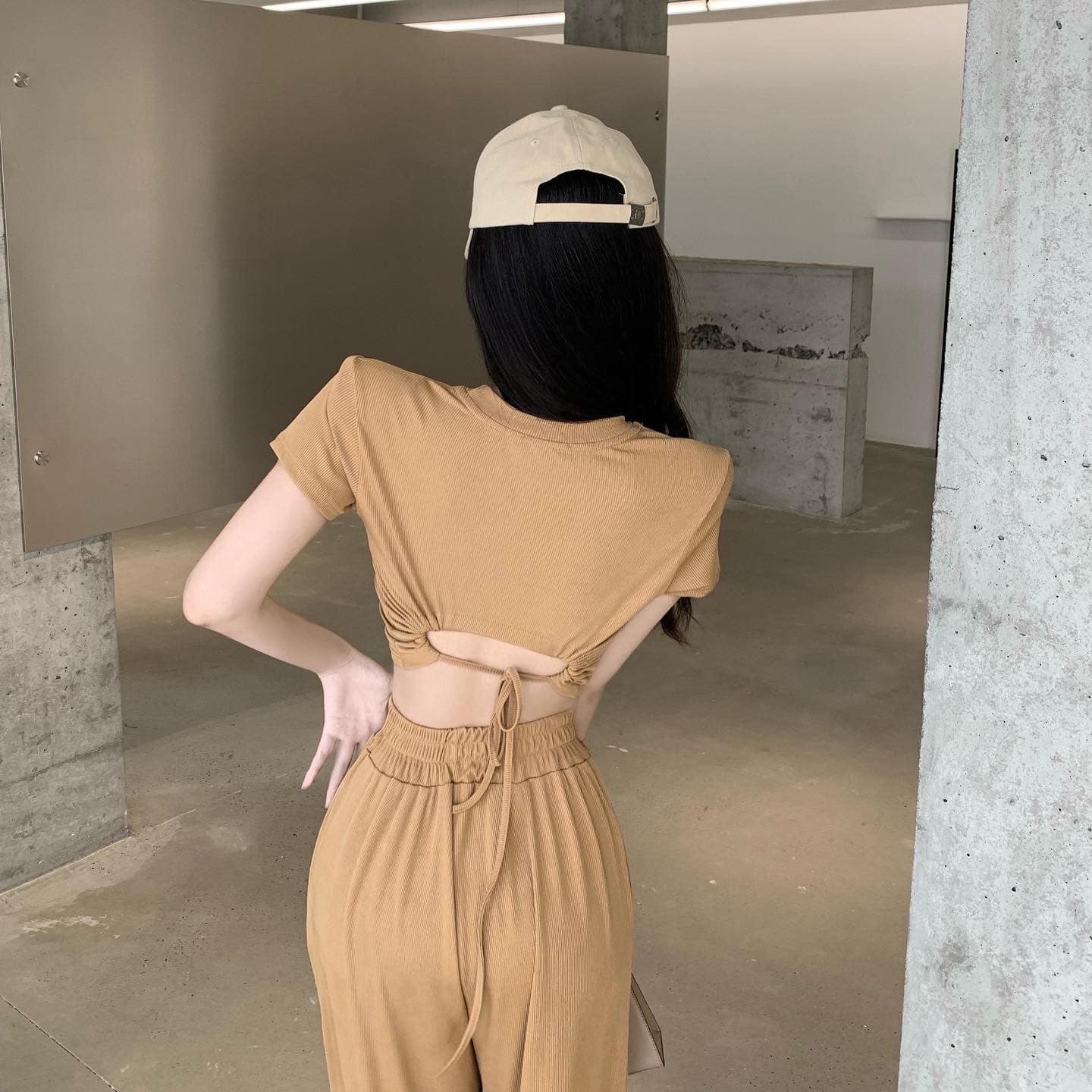 Padded Crop Top & High Waist Long Pants Set