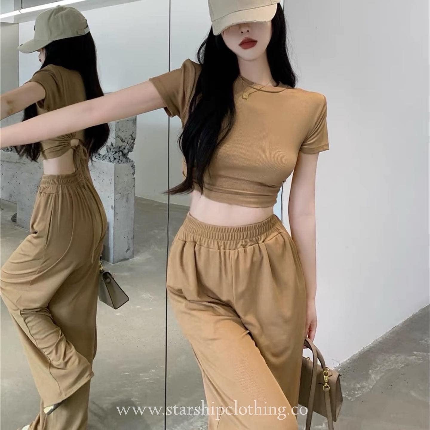 Padded Crop Top & High Waist Long Pants Set