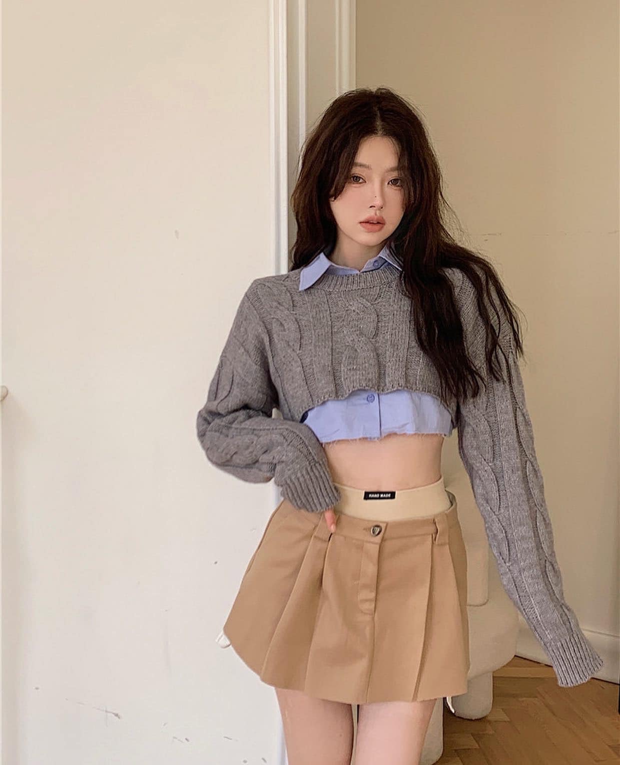 Grey Knitted Vest & Blue Crop Shirt Set