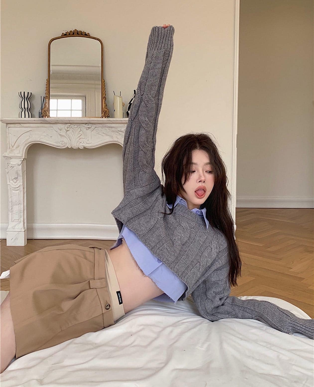 Grey Knitted Vest & Blue Crop Shirt Set