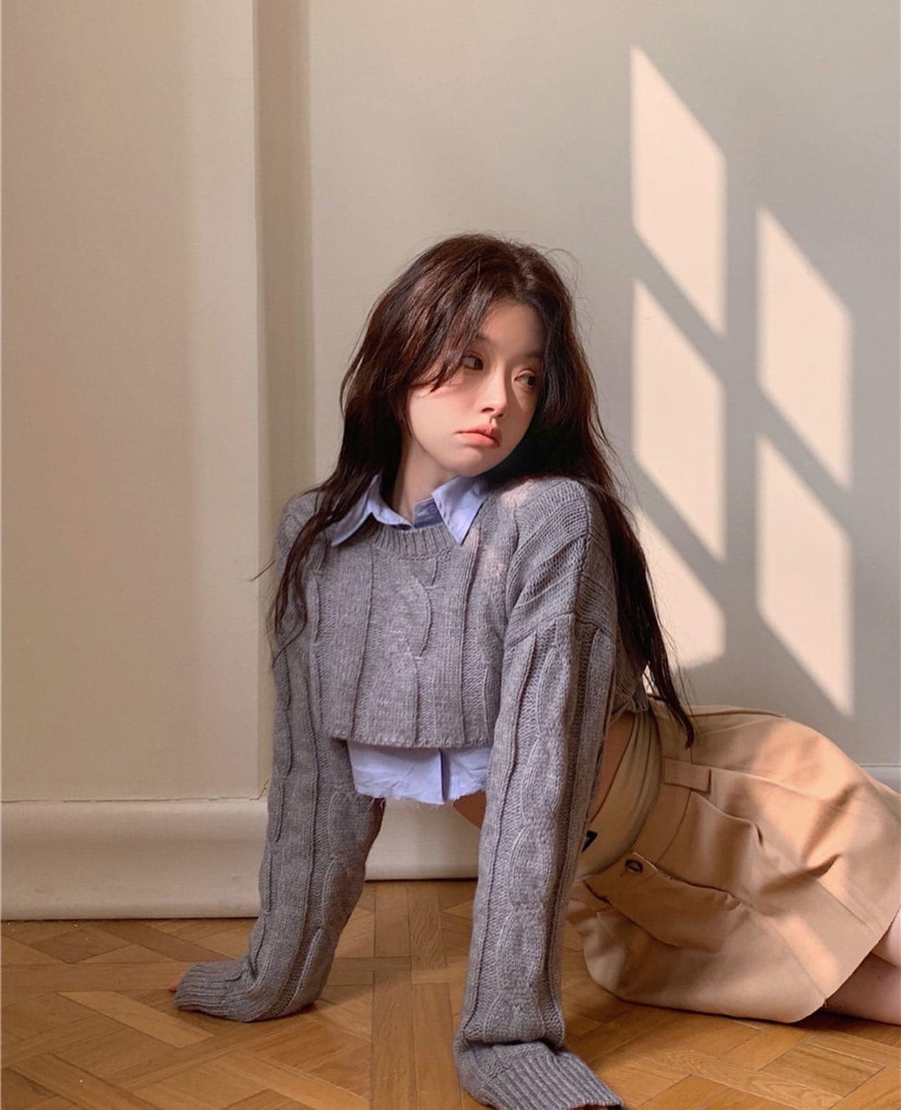 Grey Knitted Vest & Blue Crop Shirt Set