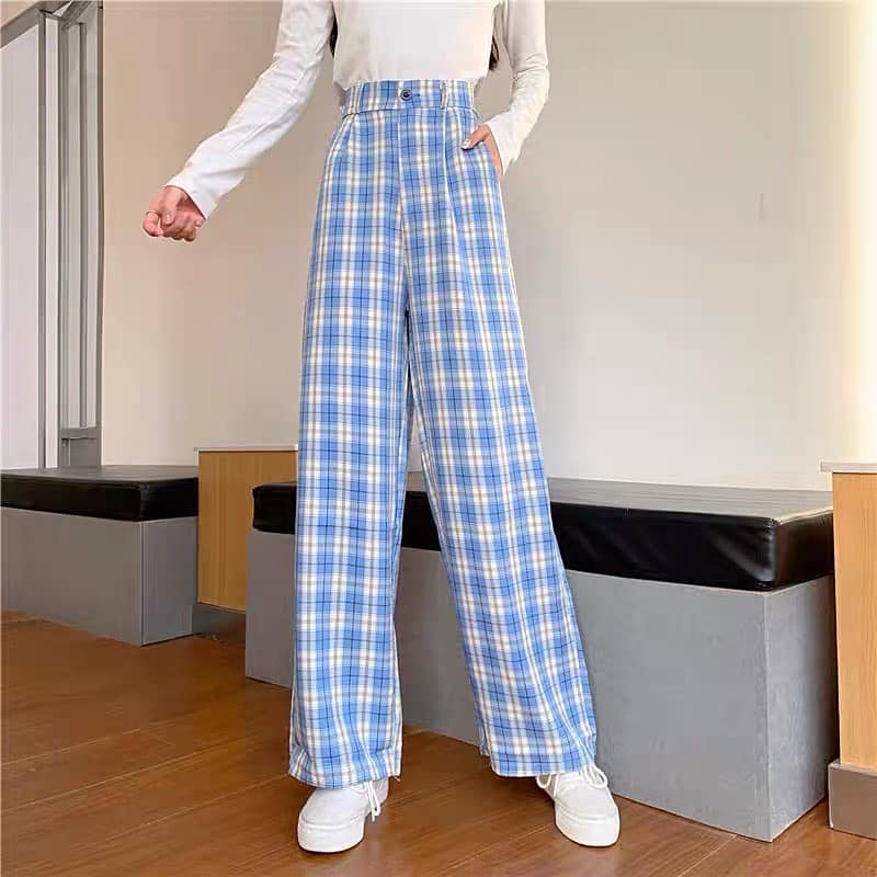 High Waist Checkered Long Pants