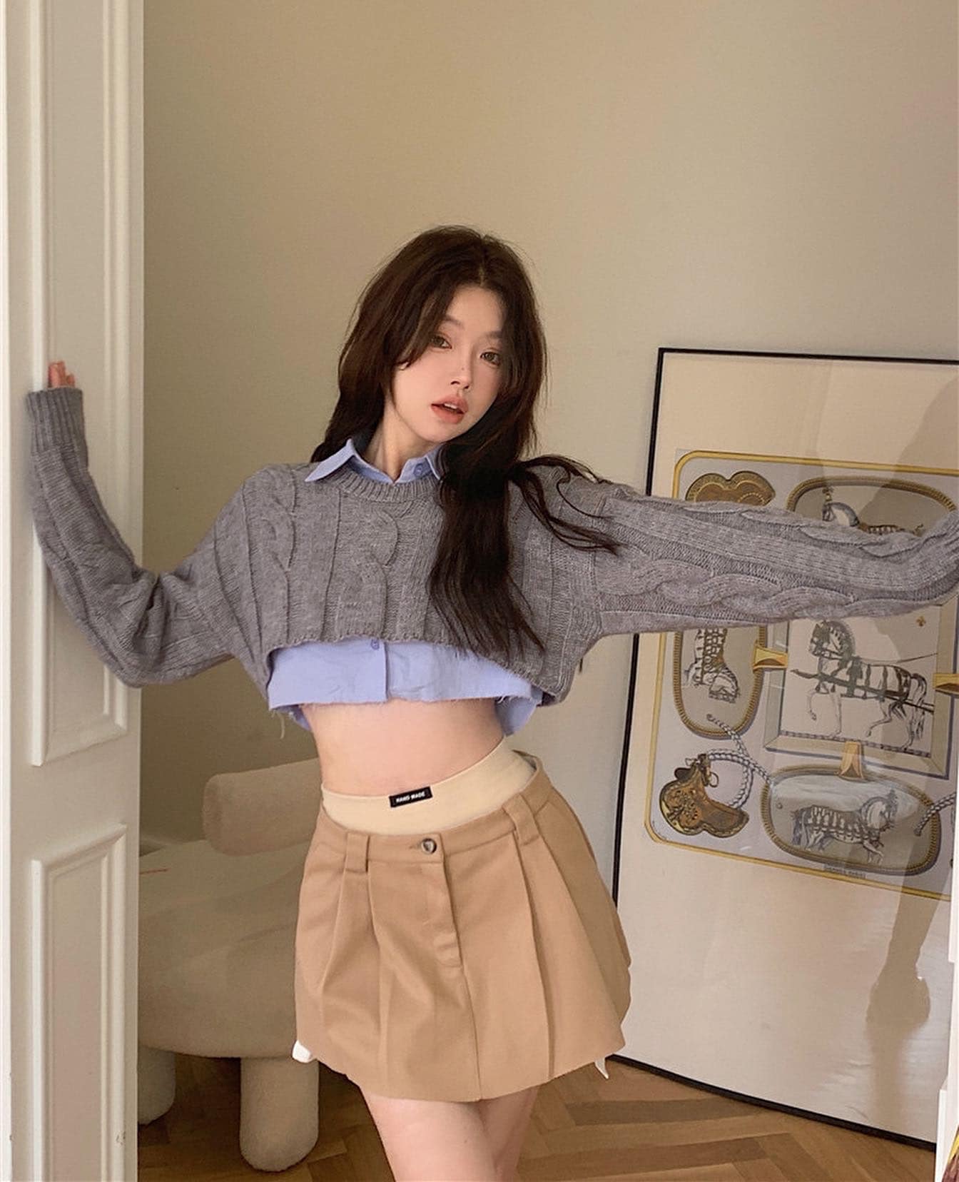 Grey Knitted Vest & Blue Crop Shirt Set