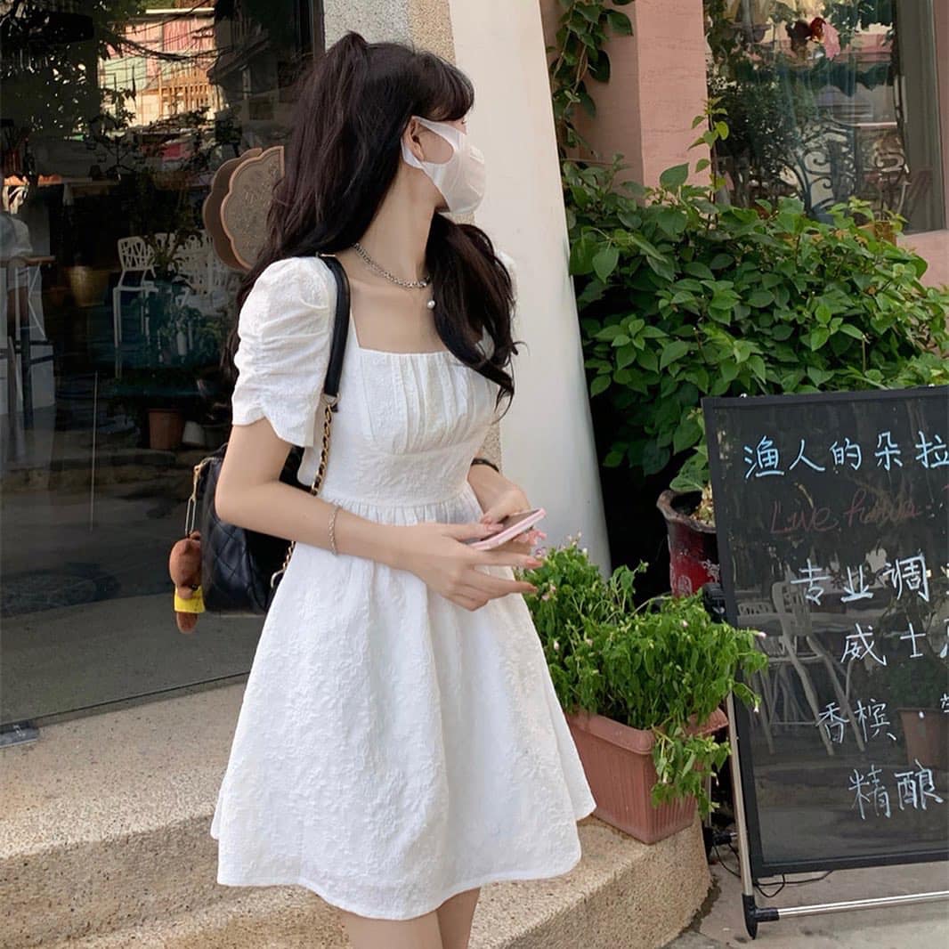 White Puffy Sleeve Dress