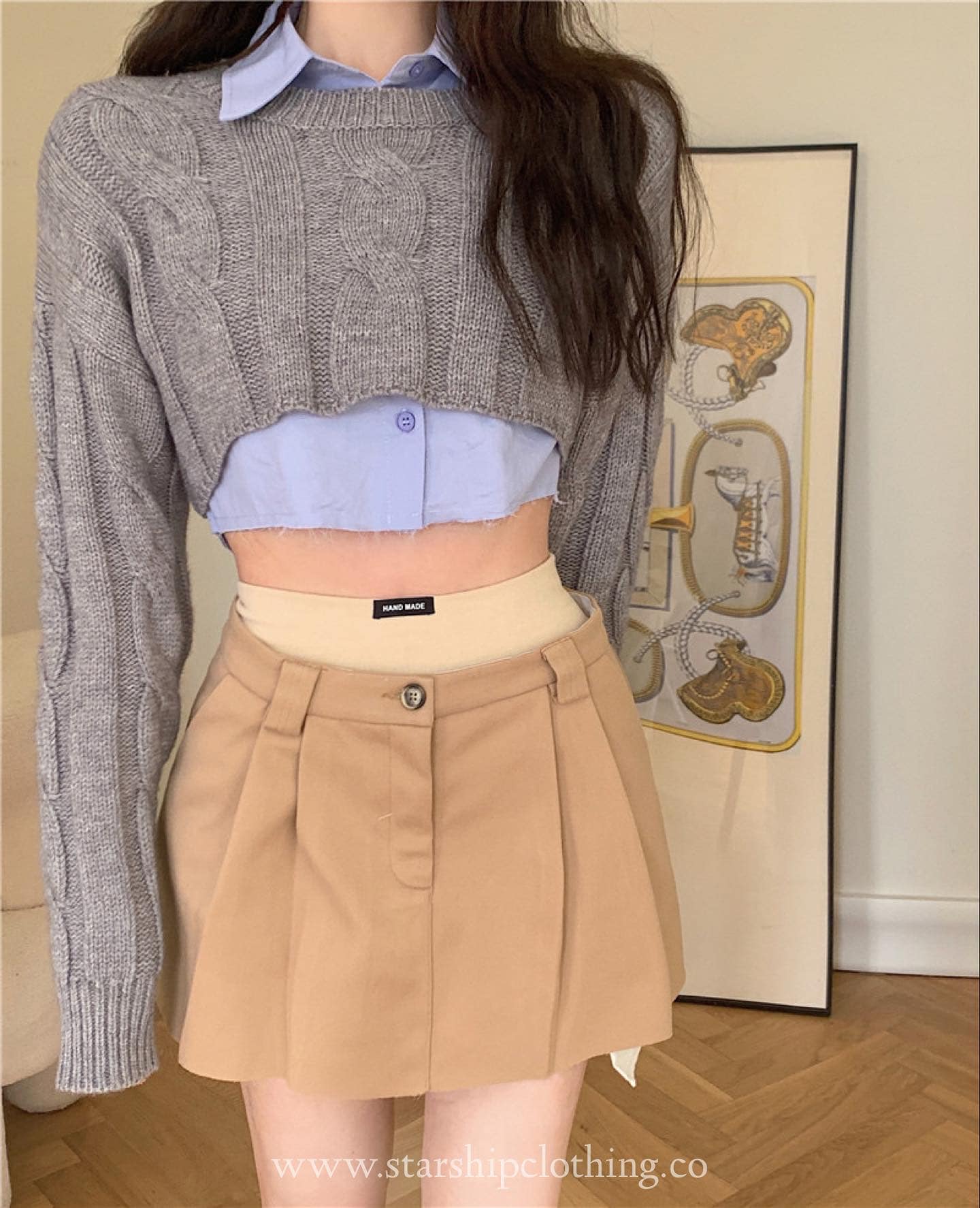 Grey Knitted Vest & Blue Crop Shirt Set