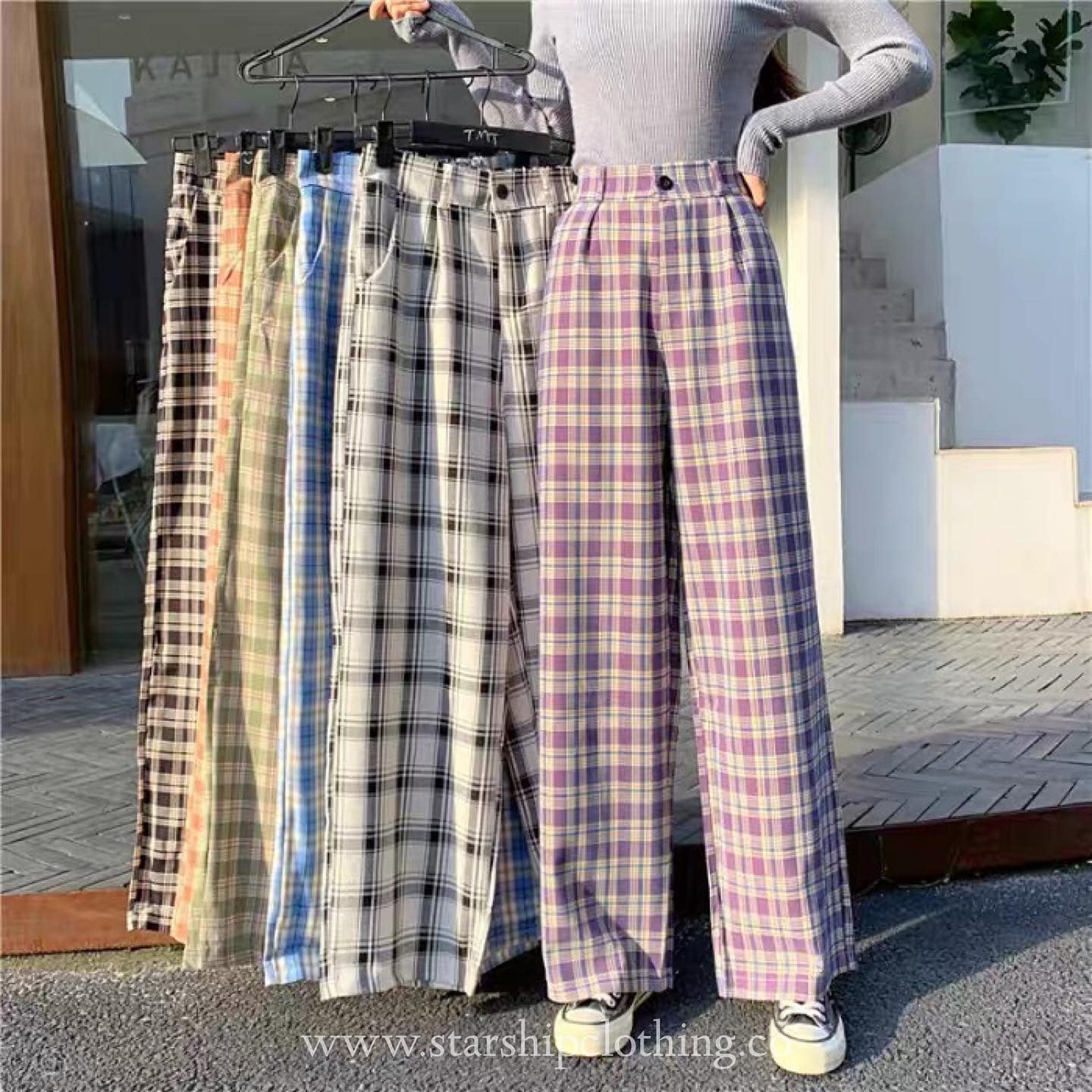 High Waist Checkered Long Pants