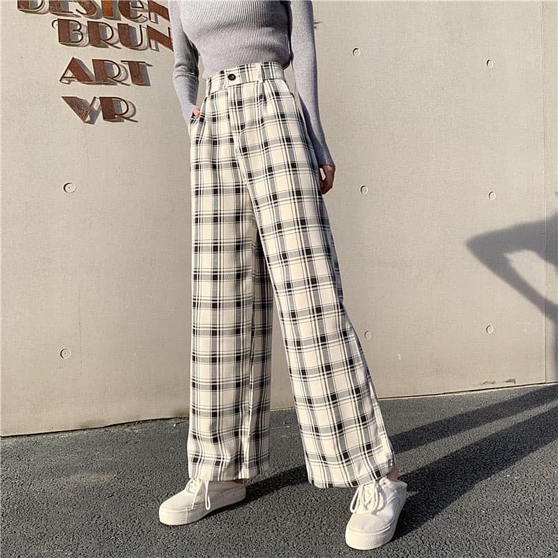 High Waist Checkered Long Pants
