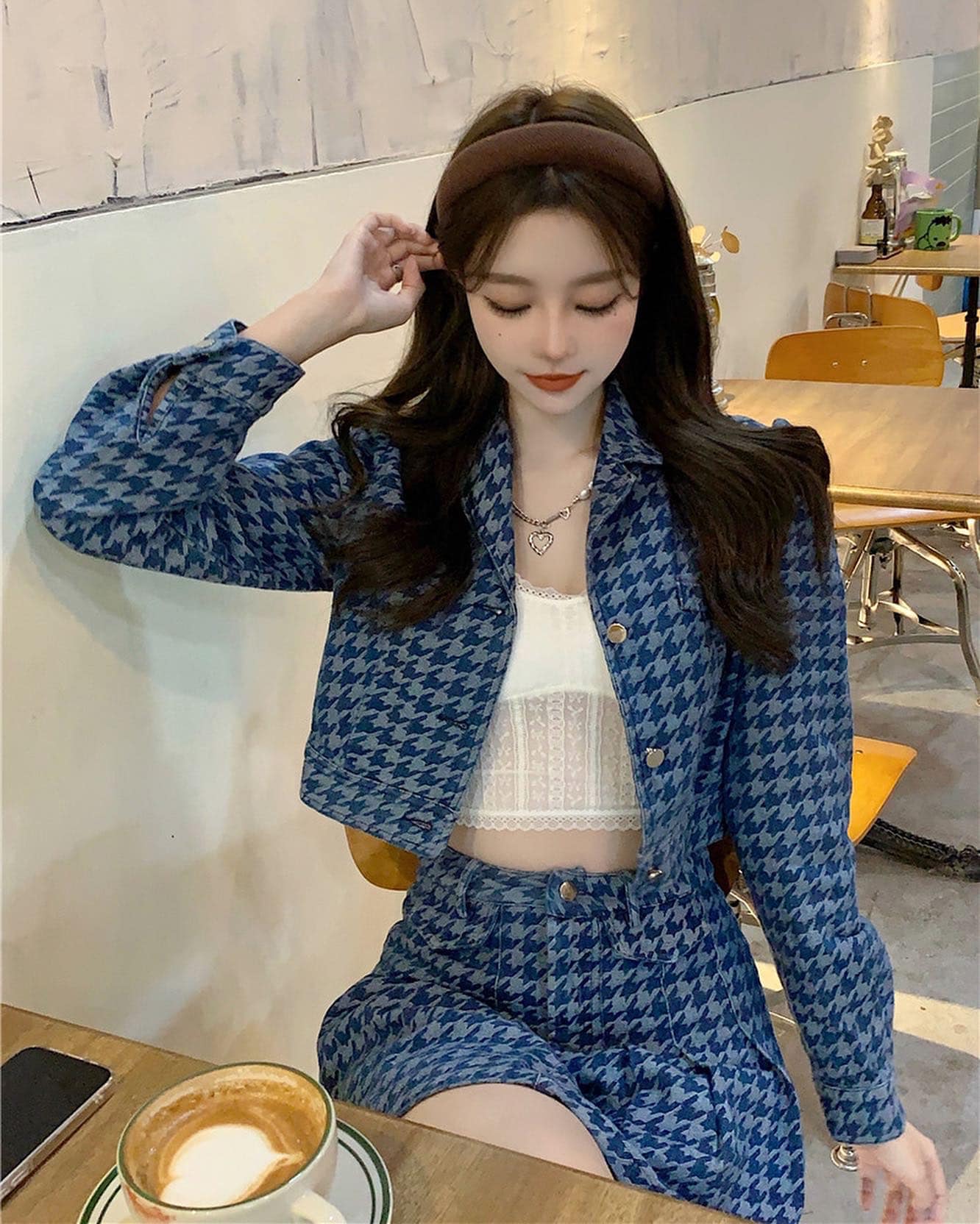 Houndstooth Suit Jacket & Pleated Skirt Set