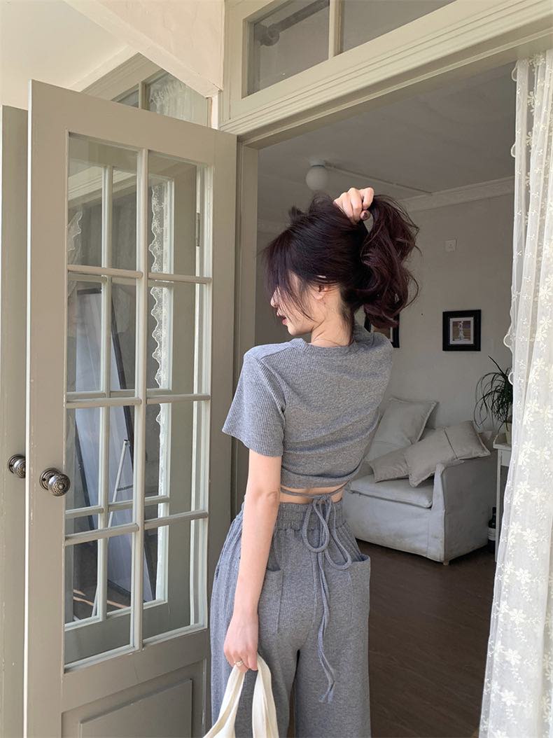 Grey Crop Top & Long Pants Set