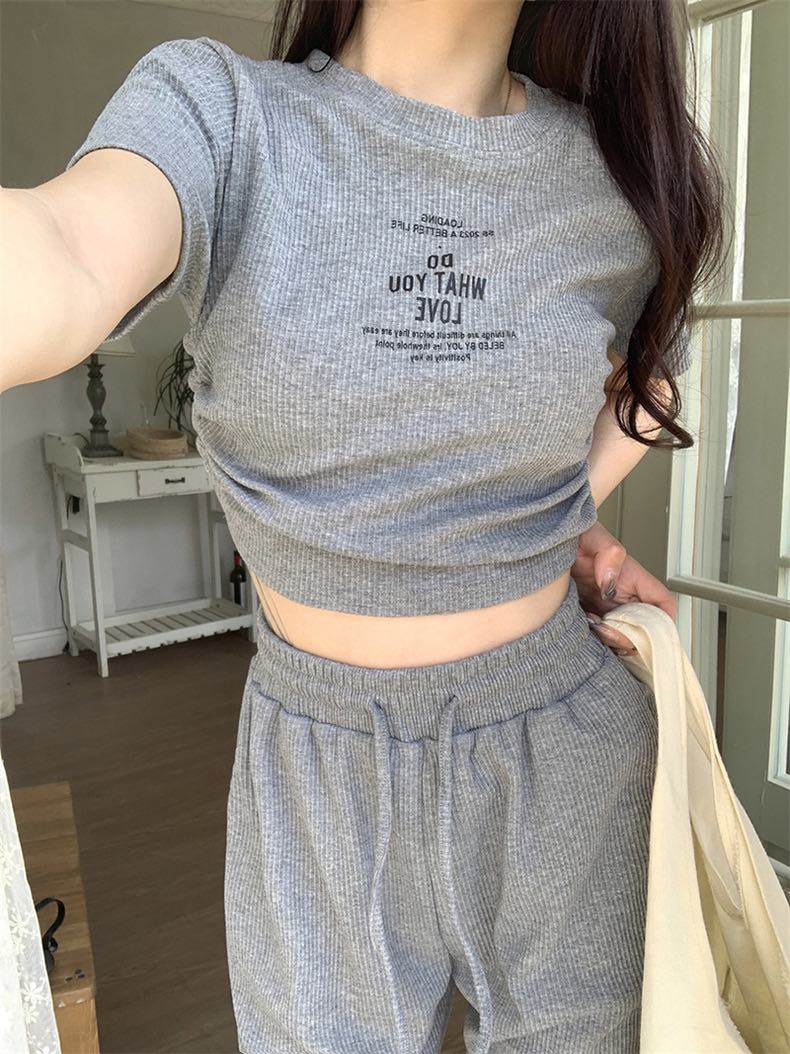 Grey Crop Top & Long Pants Set