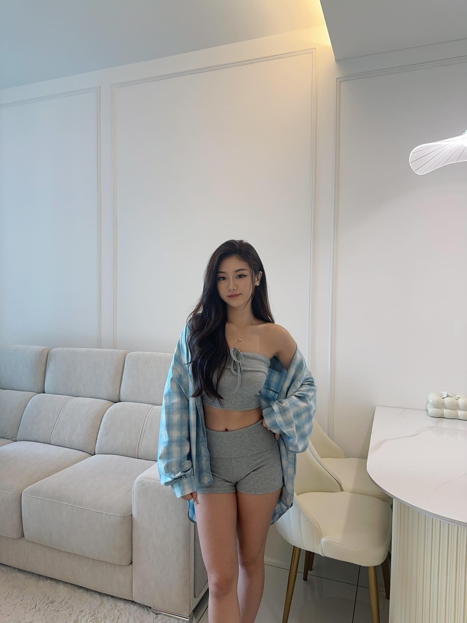 Blue Checkered Shirt, Grey Tube & Shorts Set