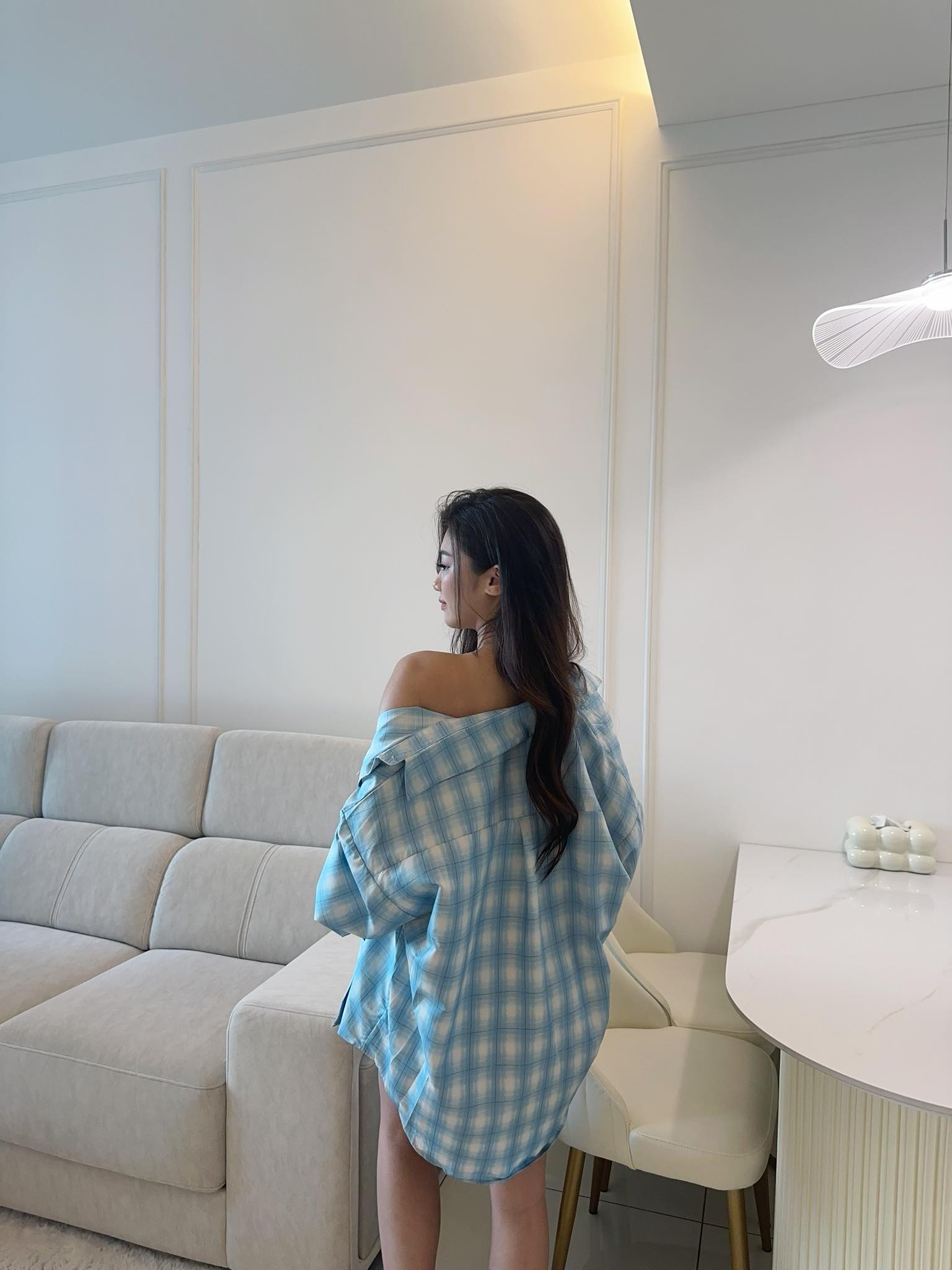 Blue Checkered Shirt, Grey Tube & Shorts Set