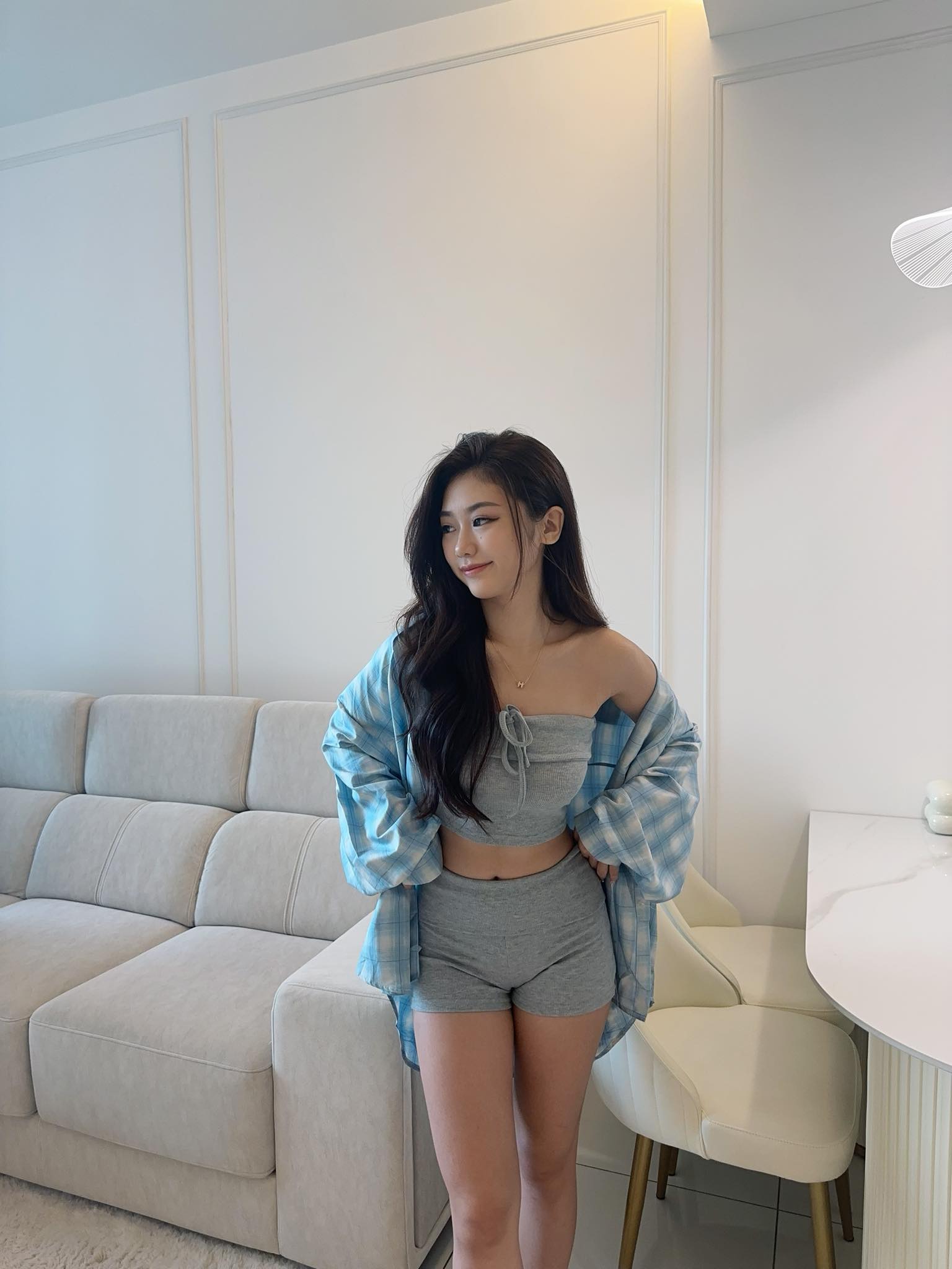 Blue Checkered Shirt, Grey Tube & Shorts Set