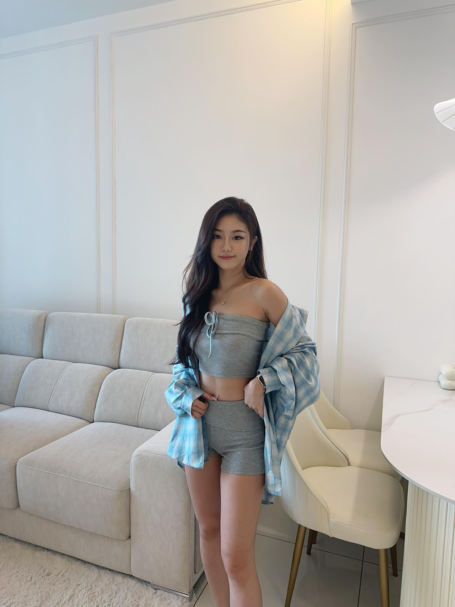 Blue Checkered Shirt, Grey Tube & Shorts Set