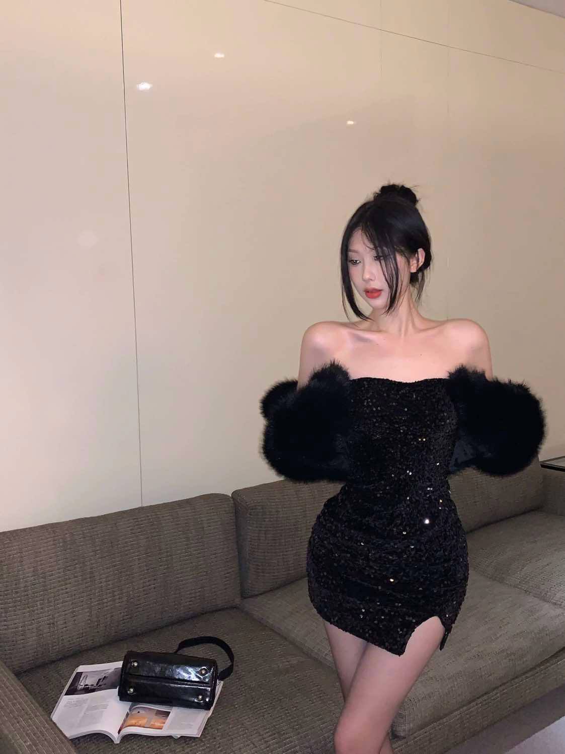 Black Glitter Tube Dress