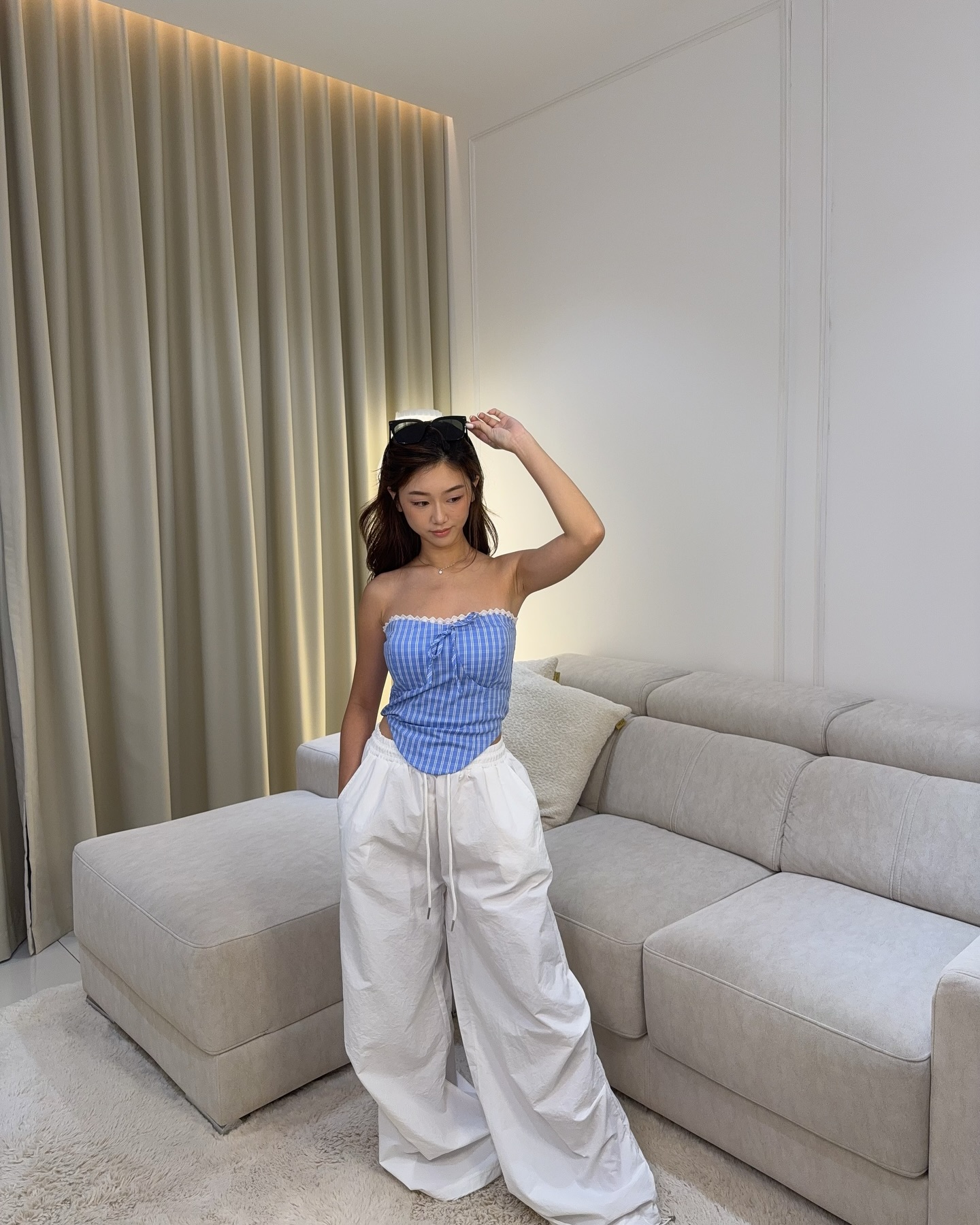 Blue Tube Top & Windbreaker White Pants