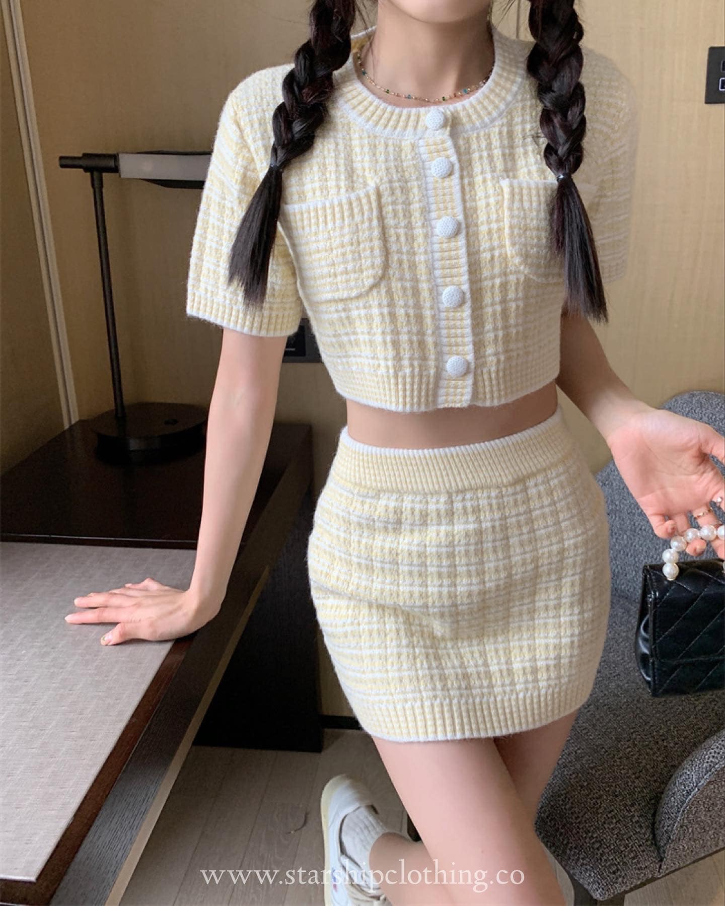 Knitted Short Sleeve Blouse & Skirt Set Wear