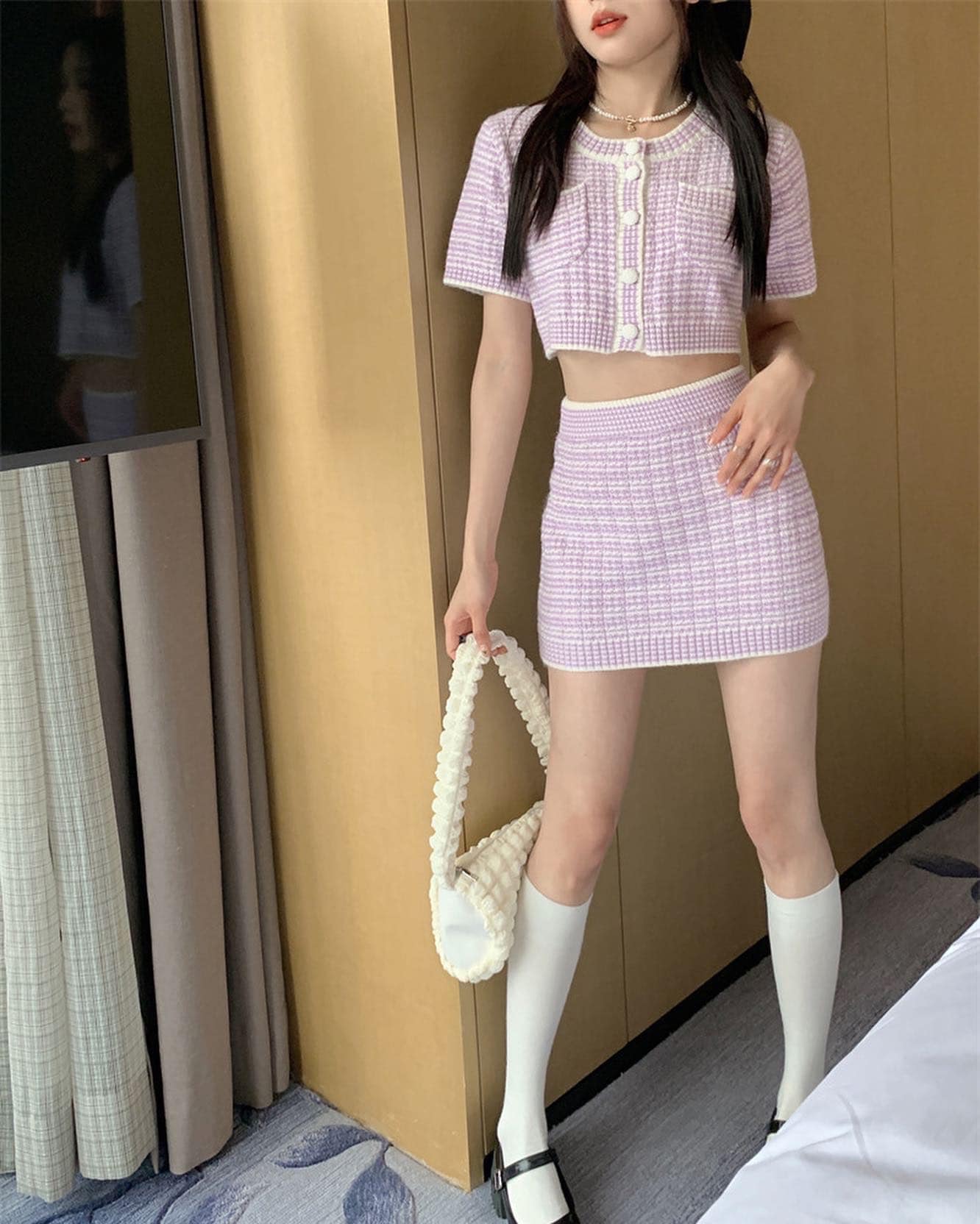 Knitted Short Sleeve Blouse & Skirt Set Wear