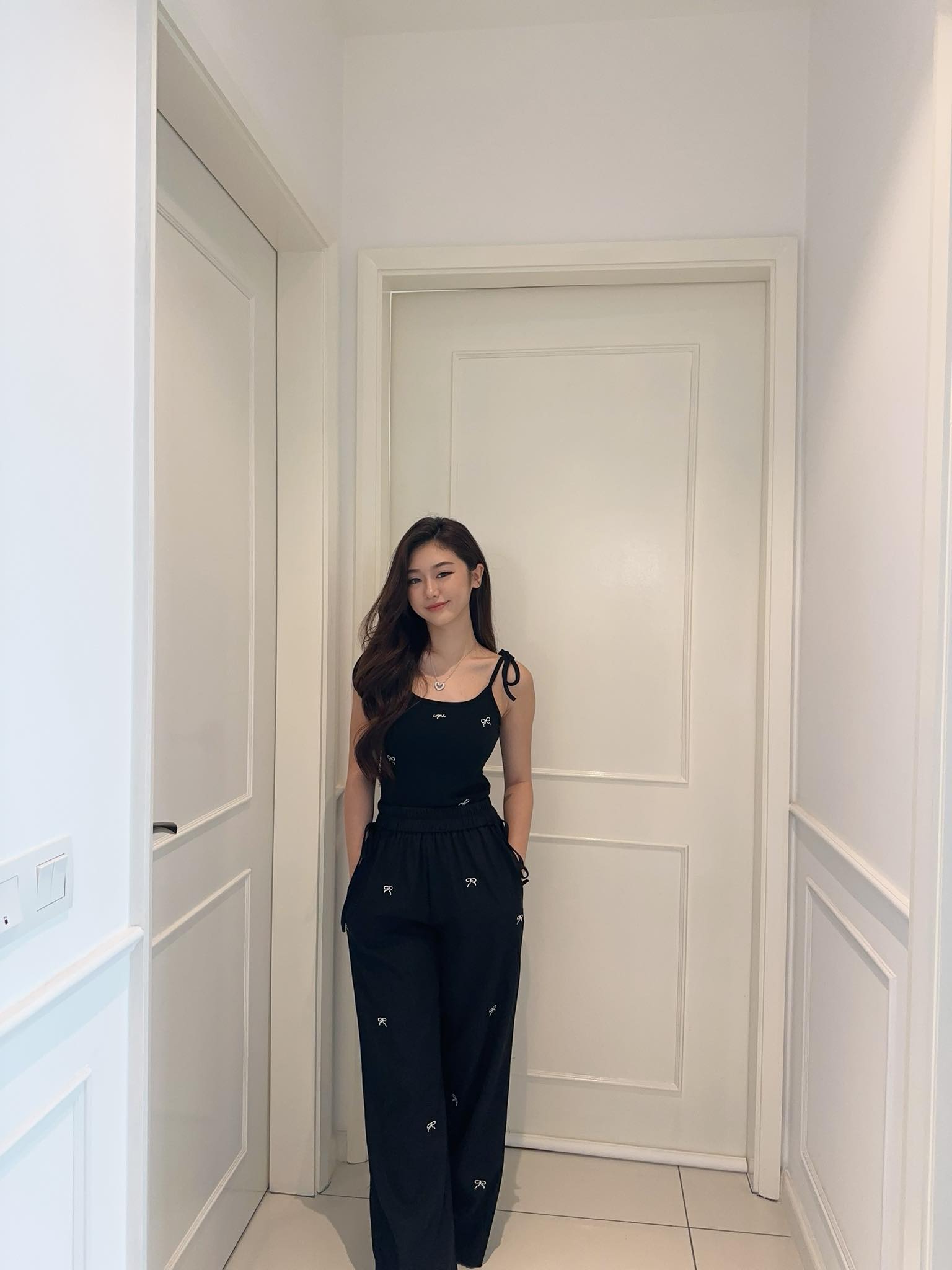 Ribbon Black Top & Long Pants Set