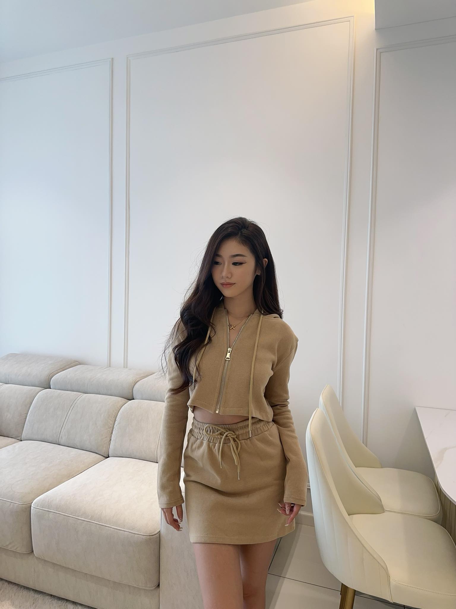 Khaki Hoodie & Skirt Set