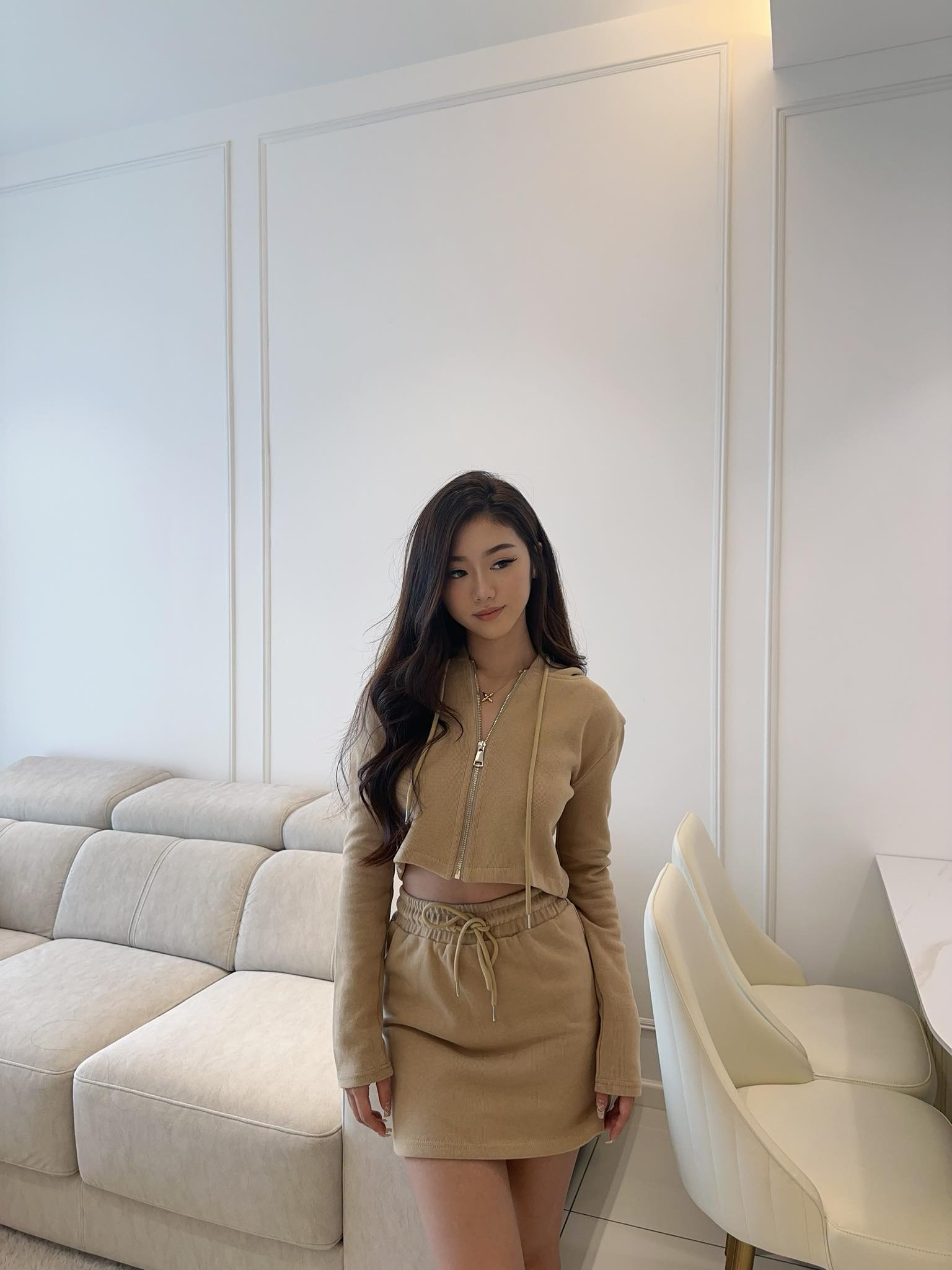 Khaki Hoodie & Skirt Set