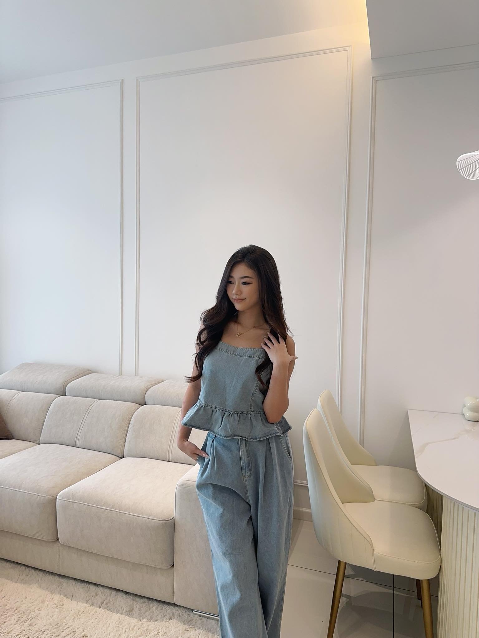 Denim Flare Top & Long Pants Set