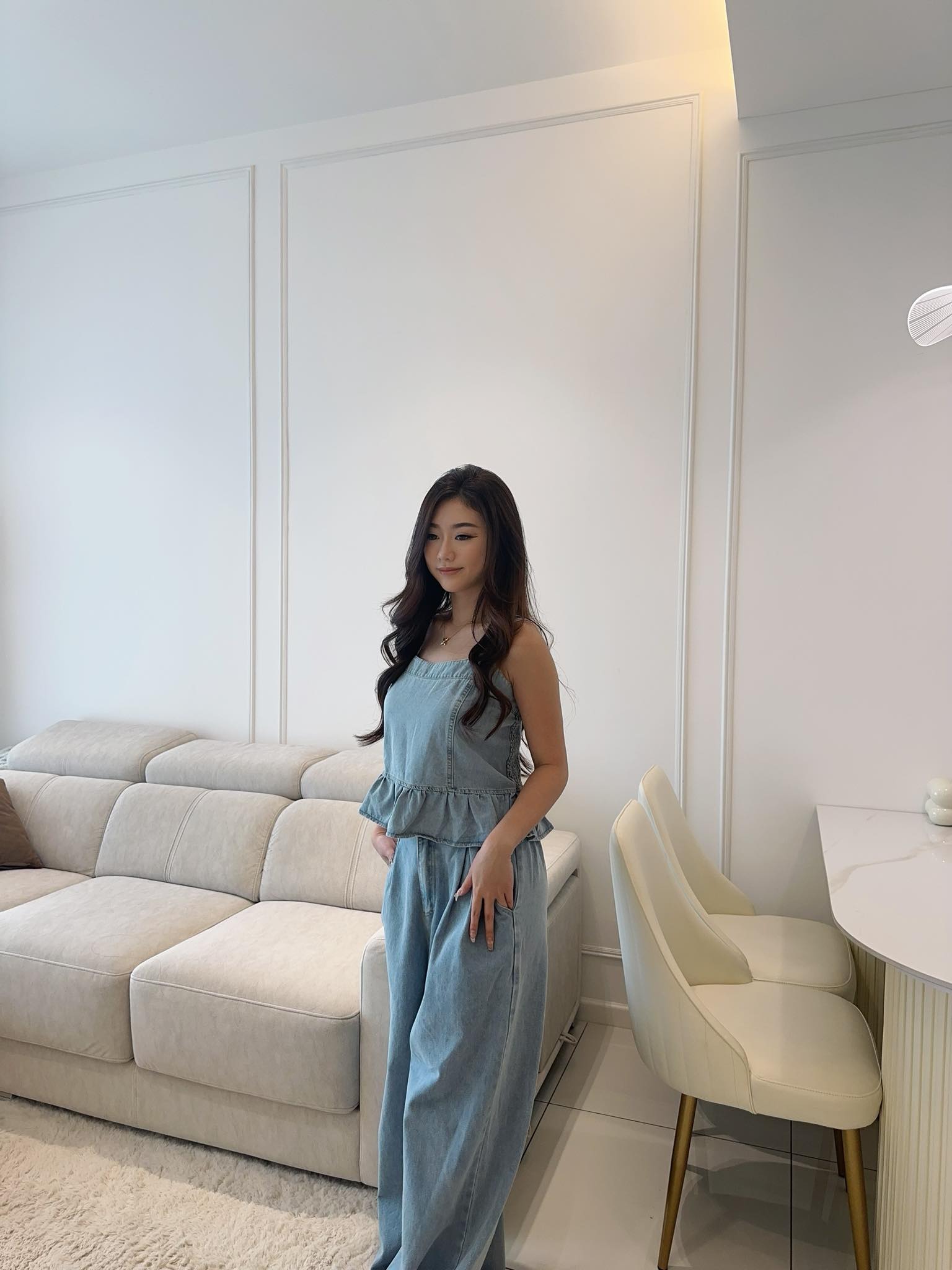 Denim Flare Top & Long Pants Set