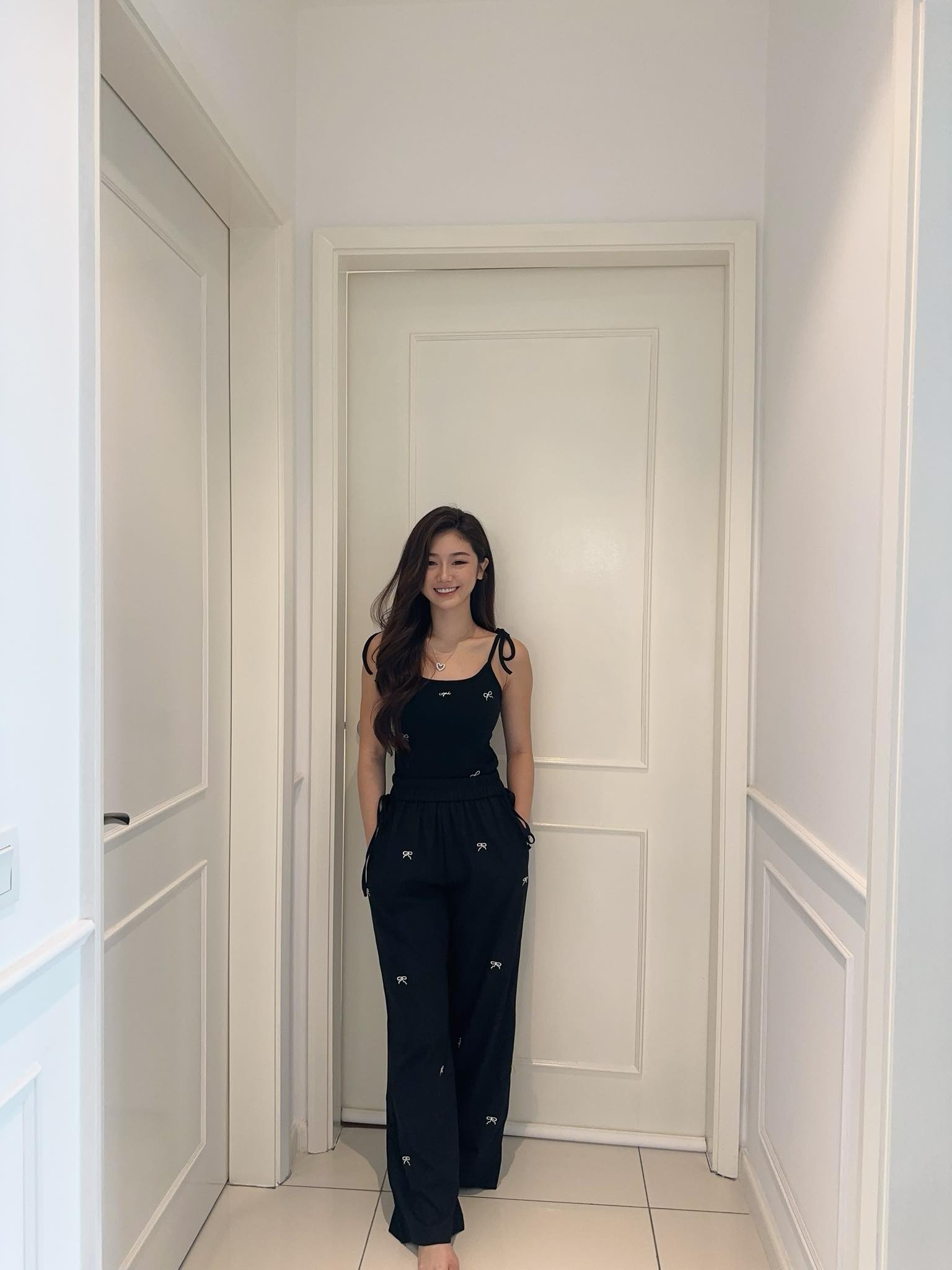 Ribbon Black Top & Long Pants Set