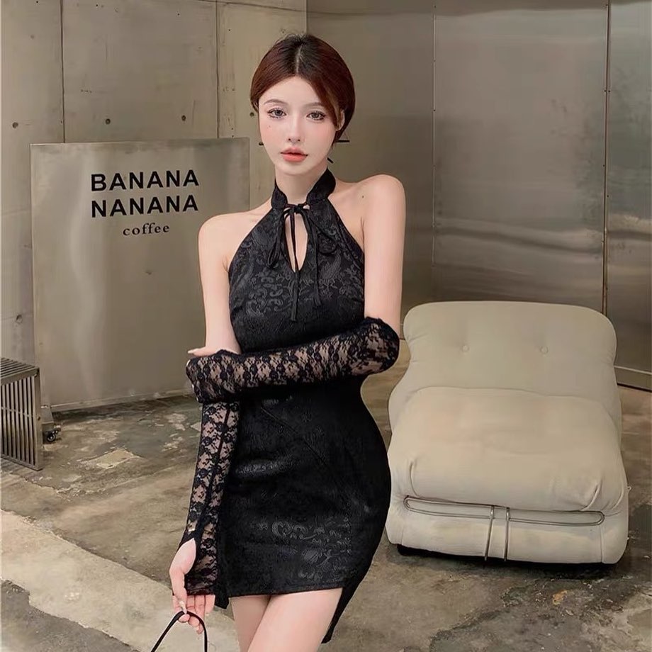 Black halter neck cheongsam with lace sleeves