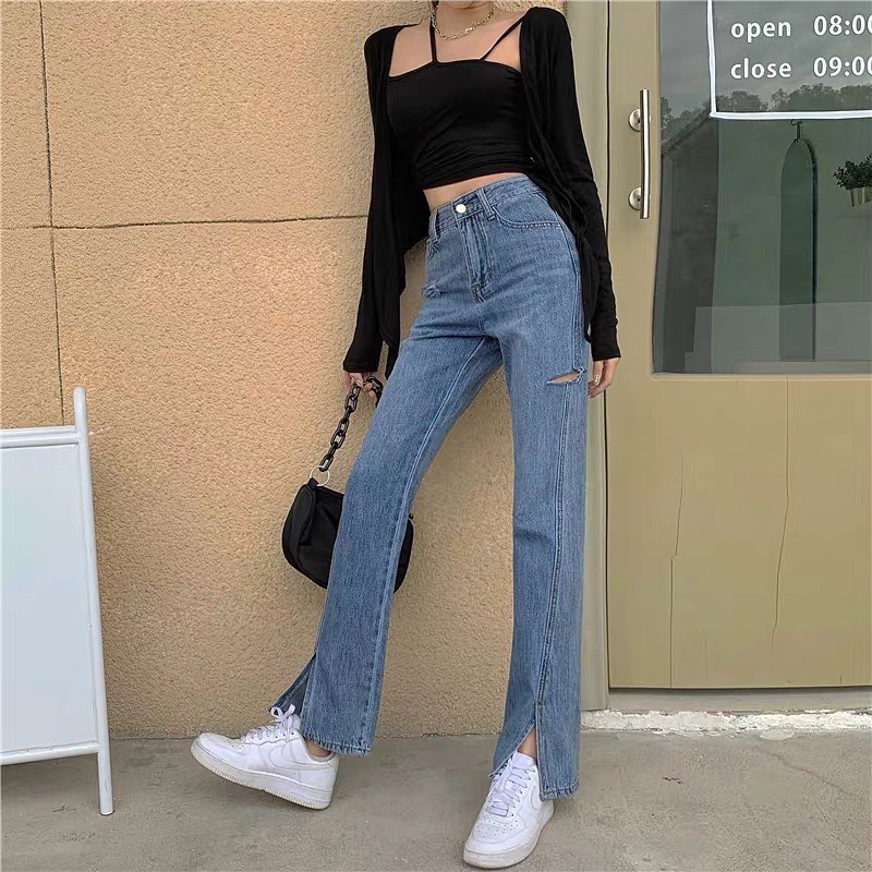 Denim high waist ripped straight pants