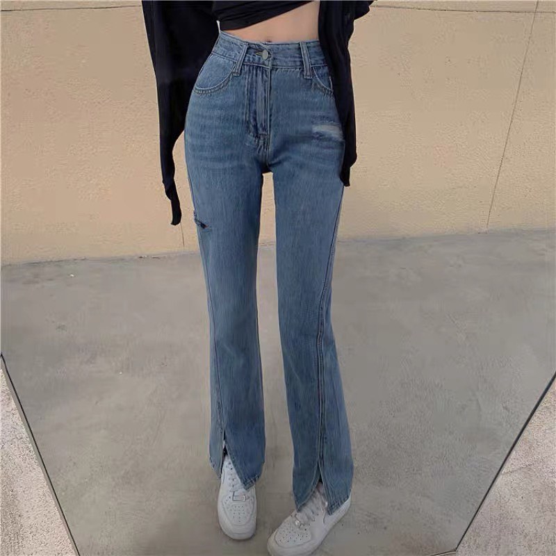 Denim high waist ripped straight pants