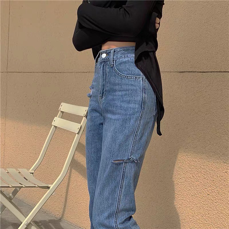 Denim high waist ripped straight pants