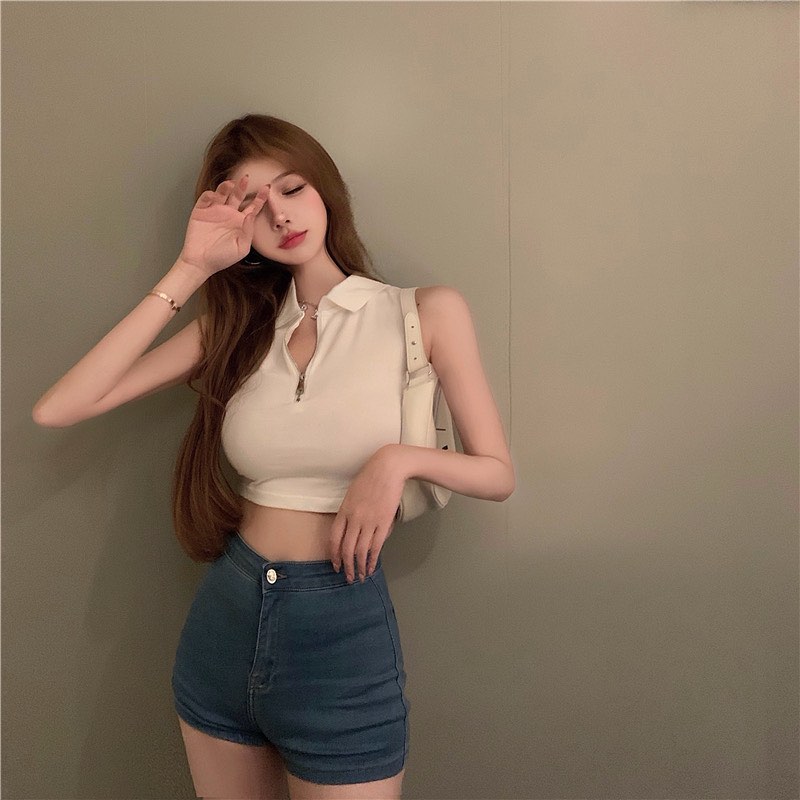 Zipper polo crop top