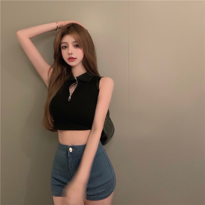Zipper polo crop top