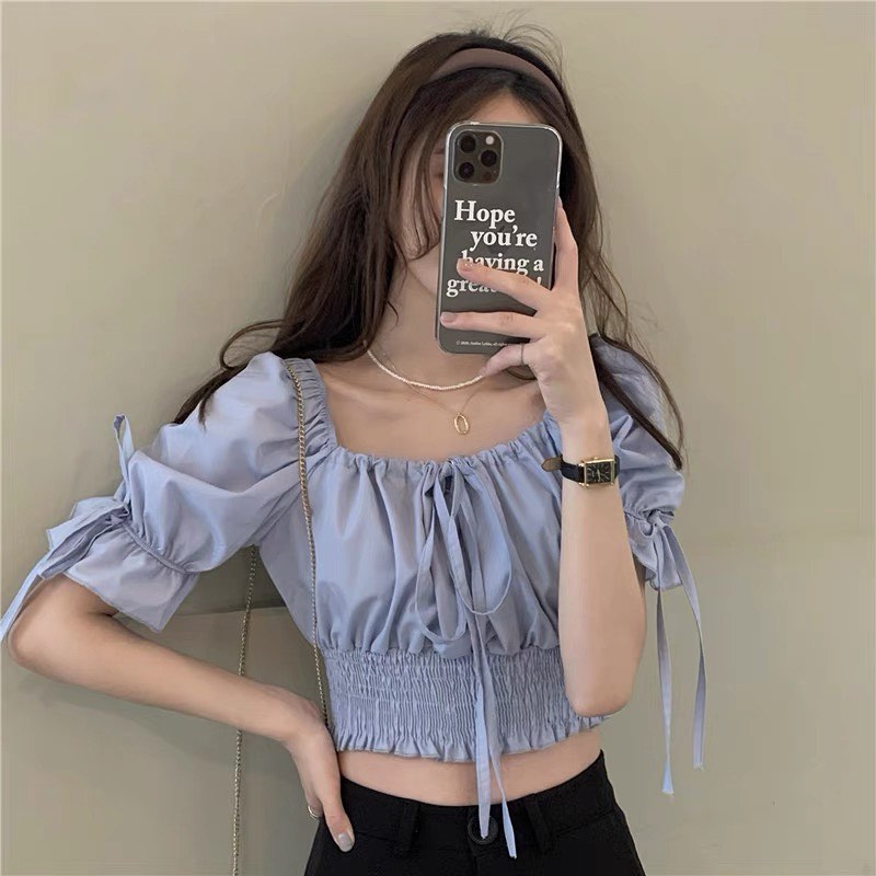 Square neck short sleeve blouse
