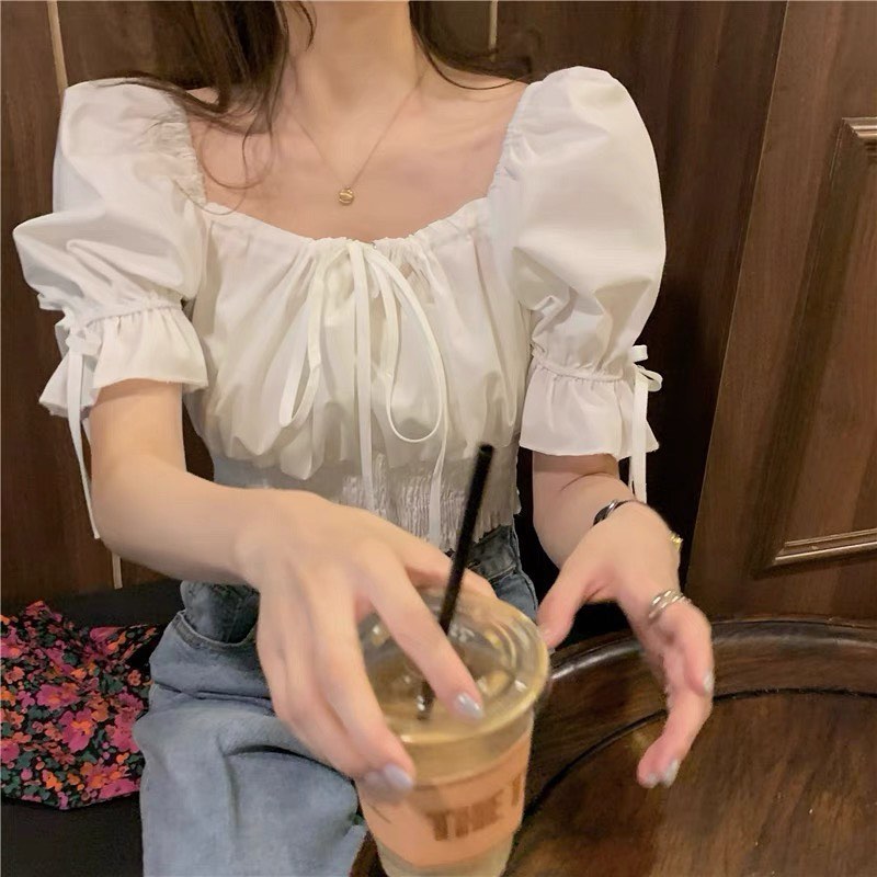 Square neck short sleeve blouse