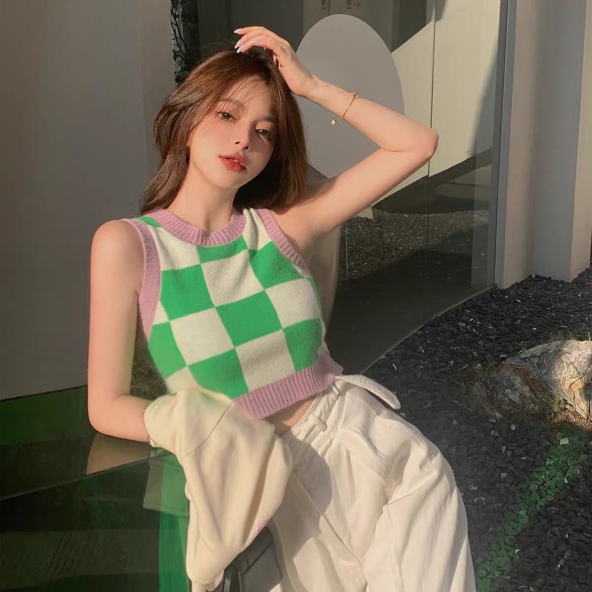 Sleeveless knitted pastel crop top