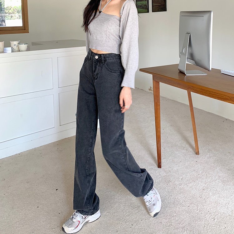 Baggy black denim straight pants