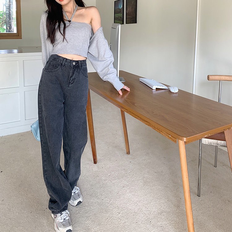 Baggy black denim straight pants