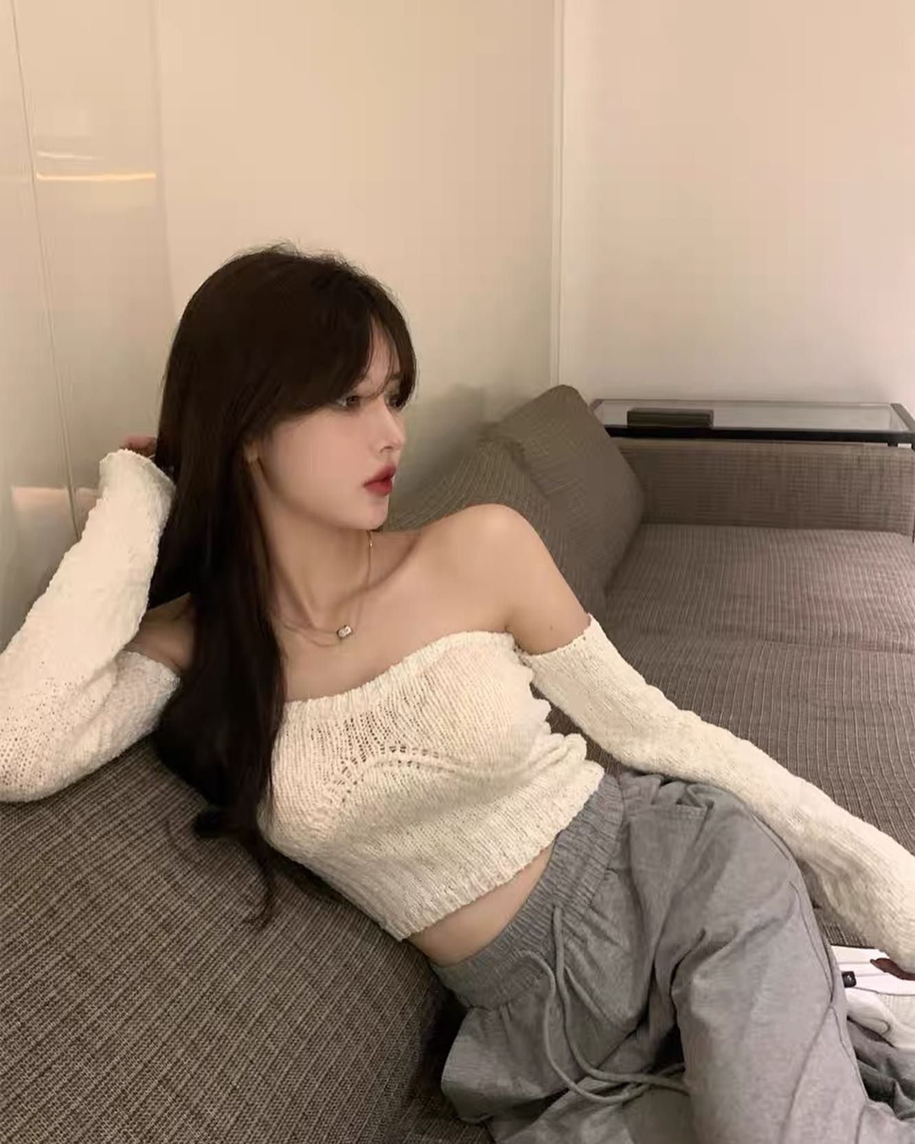 White knitted off shoulder top