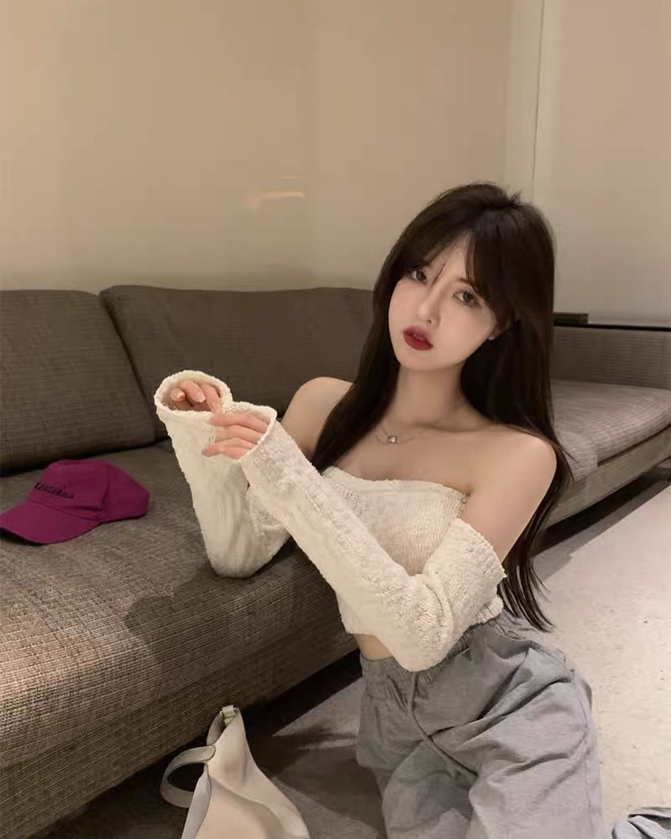 White knitted off shoulder top