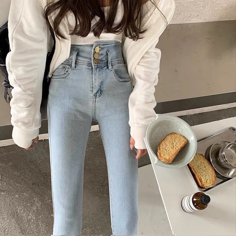 Light blue denim high waist slim pants