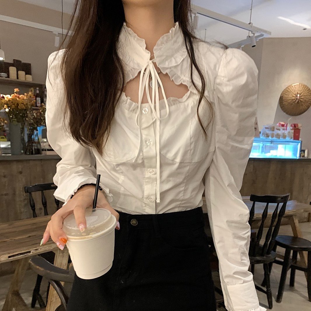 Puffy sleeve white shirt blouse