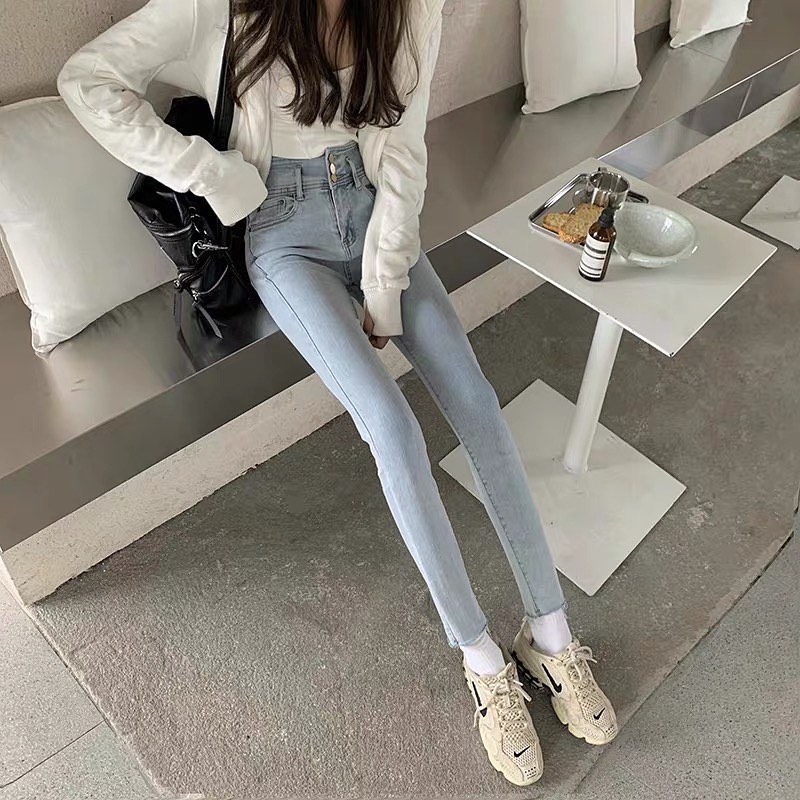 Light blue denim high waist slim pants