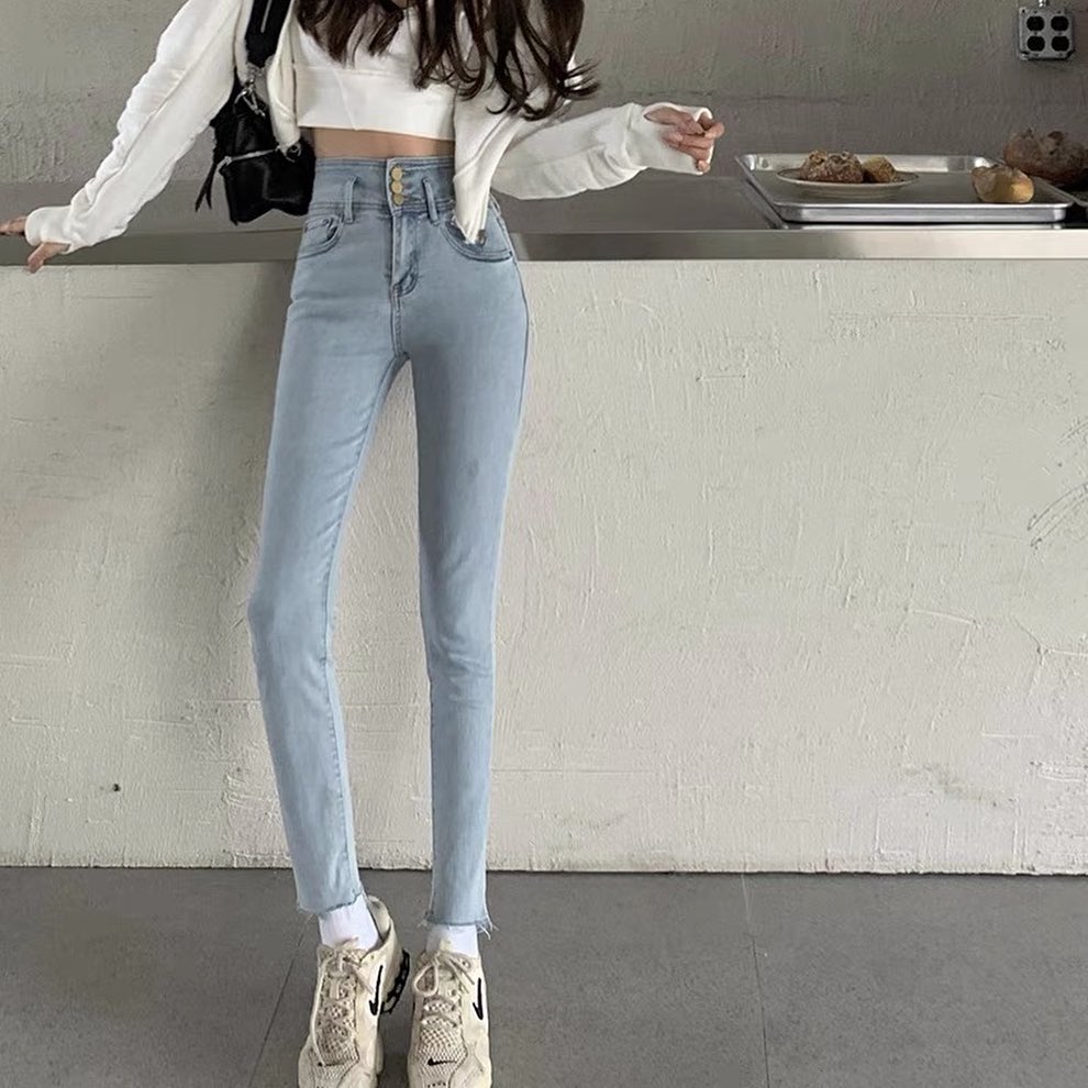 Light blue denim high waist slim pants