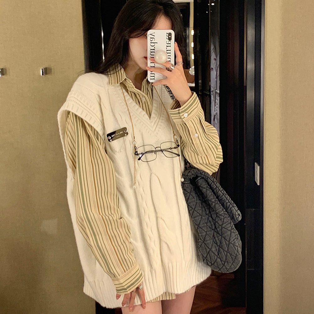 Stripes Shirt & Beige Vest Set