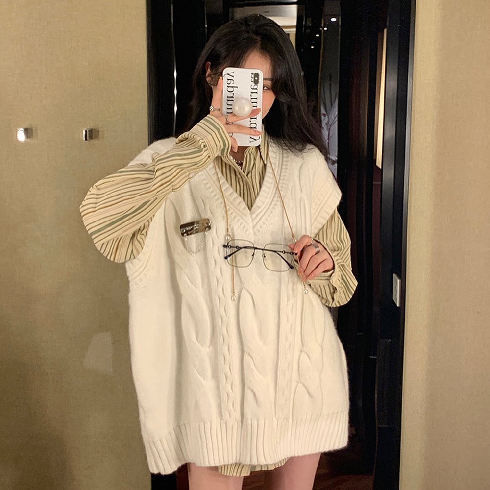 Stripes Shirt & Beige Vest Set